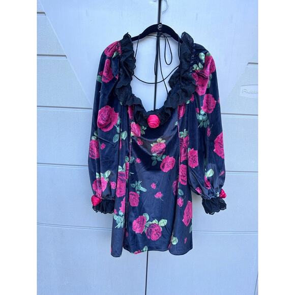 For Love & Lemons Yara Floral Mini Fairy Whimsigoth Velvet Babydoll Dress Sz XL - Picture 8 of 16